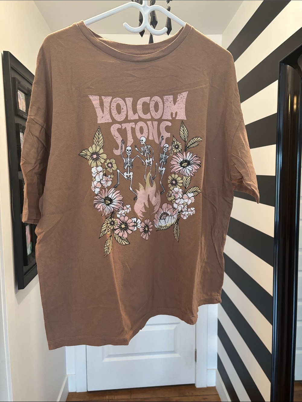 Volcom Brown Tee with Pink Floral & Skeleton Graphic